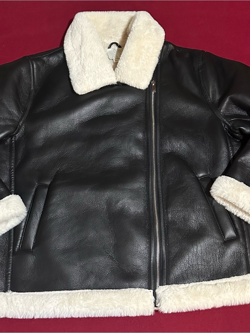 Joie Black Faux Leather Shearling-Trim Moto Jacket